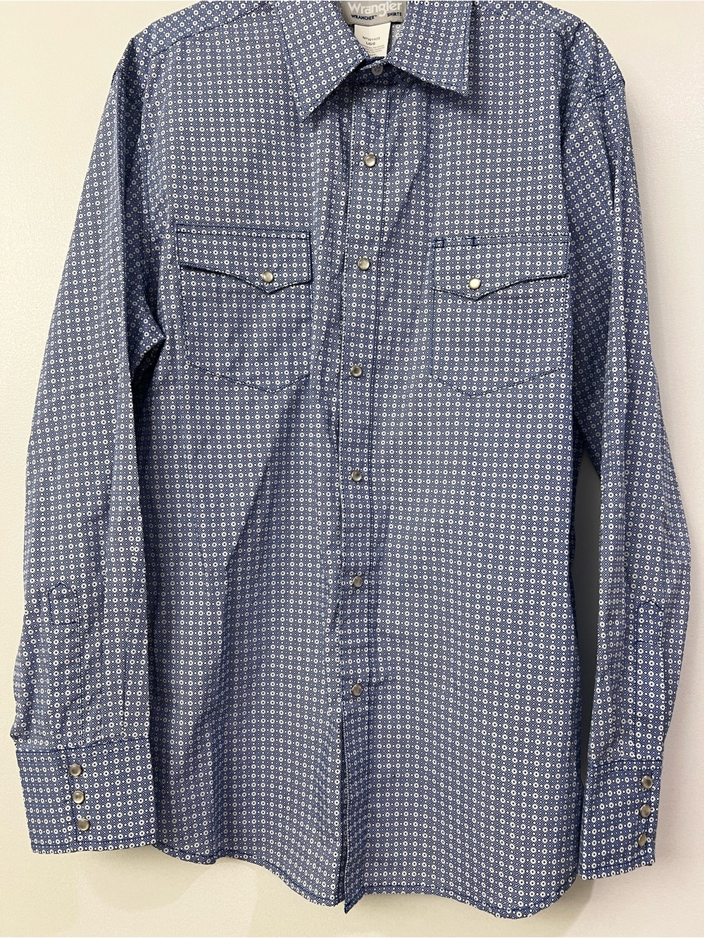 Wrangler Wrancher Western Geometric Pearl Snap Shirt Blue/White Men's L